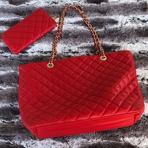 Quilted Faux Leather Red Tote w/matching wallet